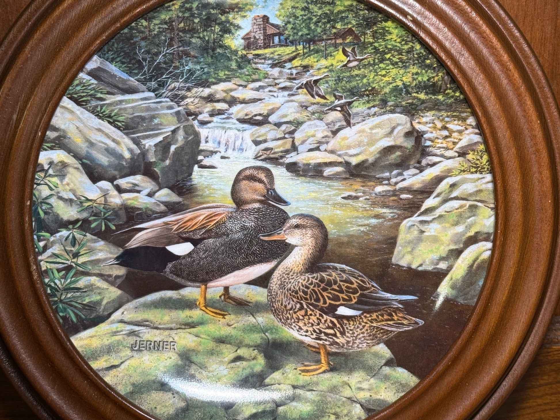 Vintage 1988 “The Gadwall” collector plate by Jerner, framed and part of the Living With Nature series, displayed with detailed artwork.