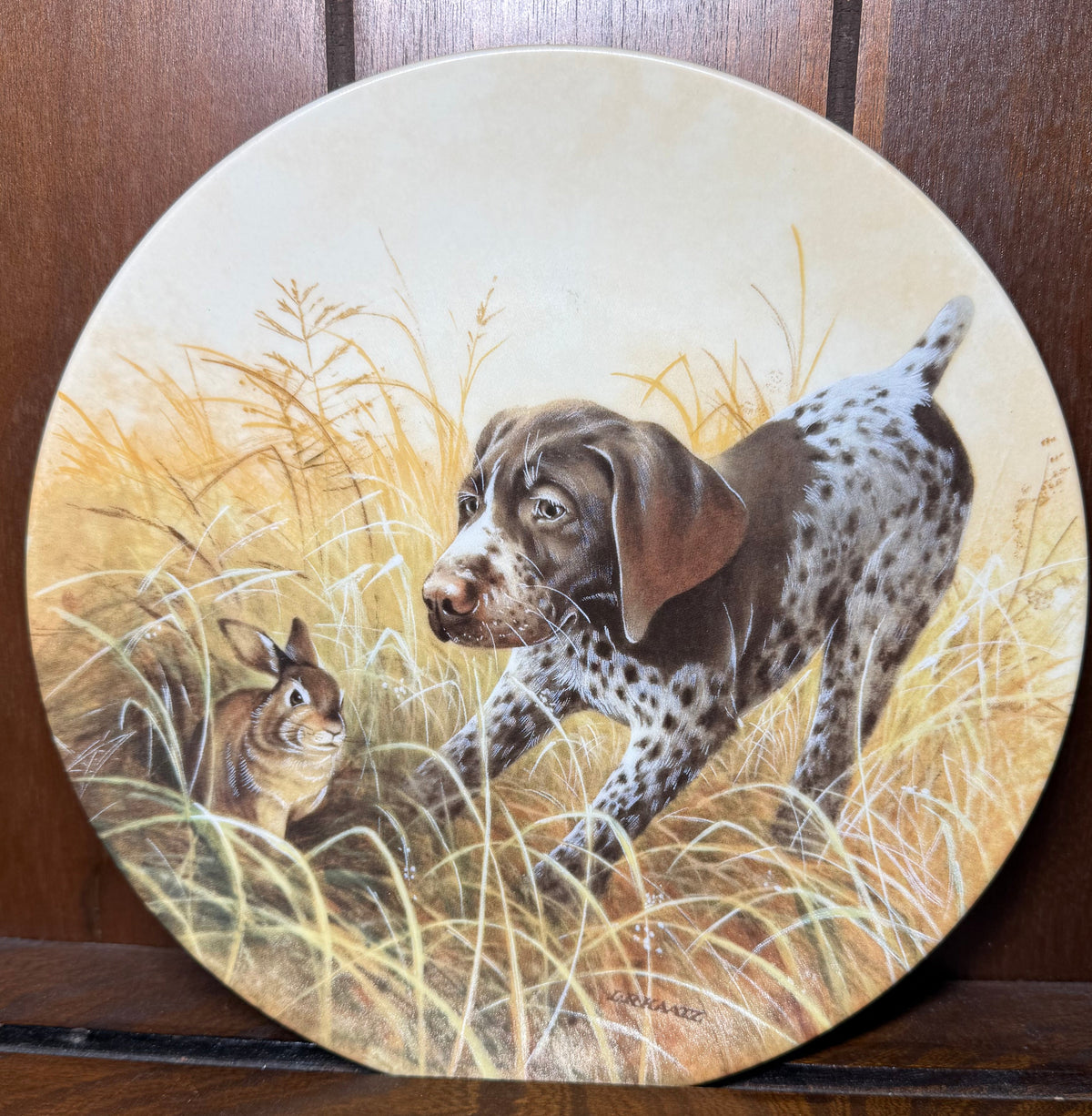 German Shorthaired Pointer puppy collector plate featuring Fritz’s Folly design by Lynn Kaatz, from Wild Feathered Finds.