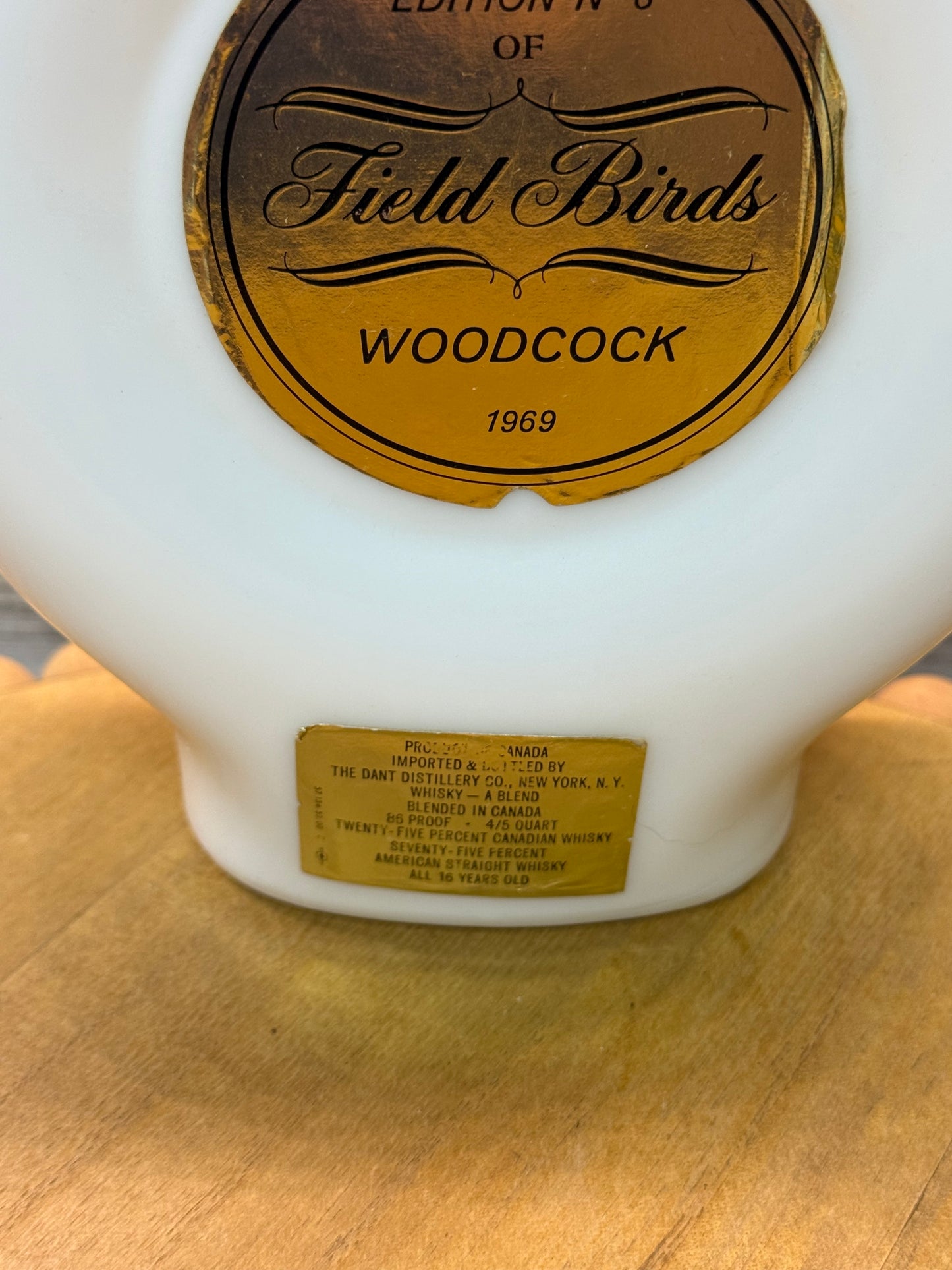 Vintage Wild Feathered Finds woodcock milk glass liquor decanter, edition No. 8 from 1969, featuring a bird design.